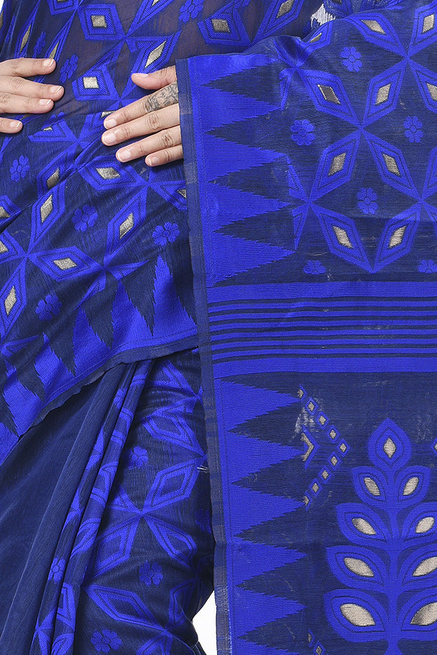 Blue Pure Cotton Minakari_Jmdni Jamdani Saree (506)